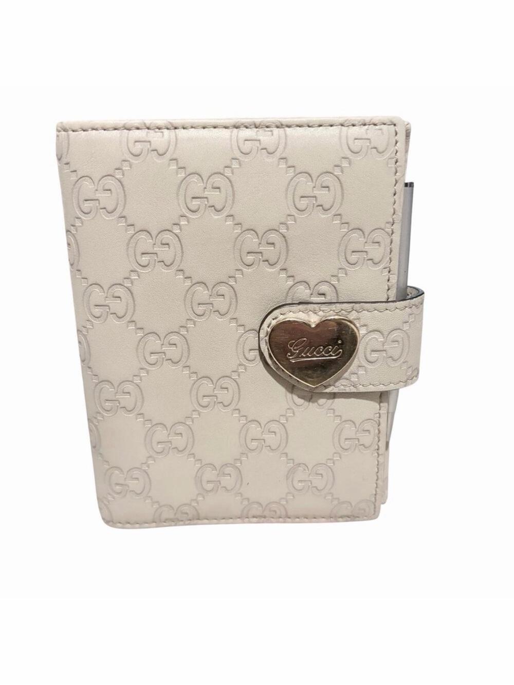 Gucci Guccissima Ivory Leather Agenda Planner w/ Heart Clasp & Inserts / Pen